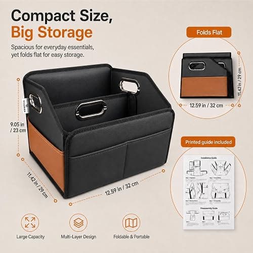 Noaman Leather Car Storage Organizer Back Front Seat Car Organizer Black | Upgraded car organizers and storage for passenger seat or floor 6 slots 3 metal handles.Backseat car organizer keeps car tidy thumbnail 2