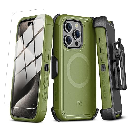 M MYBAT PRO Maverick Series iPhone 15 Pro Max Case with Belt Clip Holster,[Compatible with Magsafe]w/Screen Protector ,Anti-Drop,Shockproof,with 360°Rotating Kickstand,Heavy Duty Protection Army Green - iPhone 15 Pro Max - Army Green - Image 1