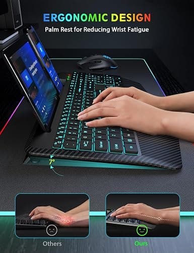 Wireless Keyboard and Mouse Backlits, Wrist Rest, LED Mouse, Rechargeable Ergonomic Keyboard with Phone Holder, Silent Light Up Combo for Computer, Mac, PC, Laptop, Chromebook (Black) thumbnail 3