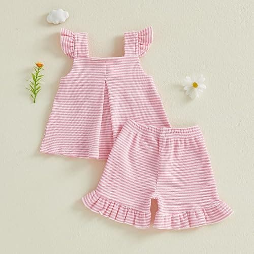 Nibbcoa Toddler Baby Girl Summer Outfit Cute Bow Flutter Sleeve Striped Ruffle Tops Dress Shorts Outfits Set 6M-4T thumbnail 6