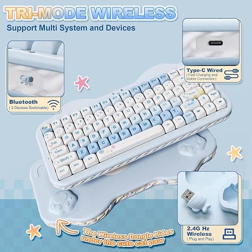 YUNZII C75 75% RGB Kabelloses Mechanisch Gaming Tastatur, BT5.0/2.4G/USB-C Creamy Tastatur Hot Swap NKRO,Niedliche Tastenkappen Gasket Mount mit Süße Kuchen für PC/Mac/Gaming (Blau, Milk V2 Switch) thumbnail 3