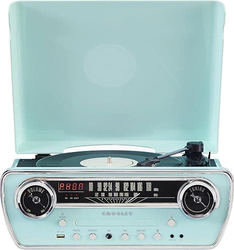 Crosley CR6047A-AB Powel 7-in-1 Bluetooth in/Out Vinyl Record Player with AM/FM Radio, CD Player, and Aux-in, Aqua Blue - Image 1