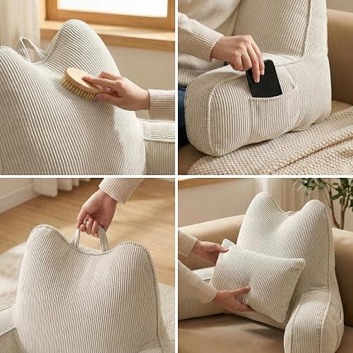 Ailuteie Corduroy Reading Pillow with Arms for Sitting Up, 2-in-1 Bed Rest Pillow with Detachable Lumbar Support, Backrest Support Cushion for Couch with Side Pockets & Handle, Beige Gray thumbnail 7