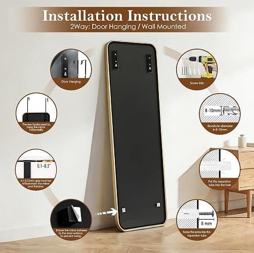 NARCISSUS 47x14 Mirror Door Hanging Full Length,Over Door or Wall Mounted Aluminum Alloy Frame Tempered Glass Rectangle Full Body Mirrors for Bedroom Dressing Living Room Bathroom 47 inch Gold thumbnail 6