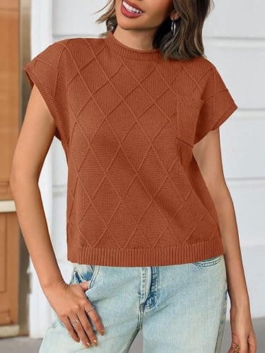Saodimallsu Womens Summer Mock Neck Sweater Cap Sleeve Lightweight Sweater Vest Casual Loose Knit Pullover Tank Tops thumbnail 4