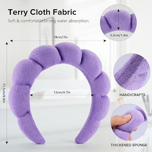 Ztomine Terry Cloth Spa Headbands for Washing Face or Facial, Set of 2, Black & Purple - Puffy Makeup Headbands for Face Washing, Mask, Skin Treatment thumbnail 5