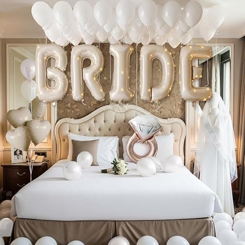 Cream White Bridal Shower party decorations with huge 40 Inch BRIDE letter Pearl Balloons BRIDE to be Sash Bridal Veil and Diamond Ring Heart shape Balloons For Bachelorette party Wedding supplies thumbnail 4