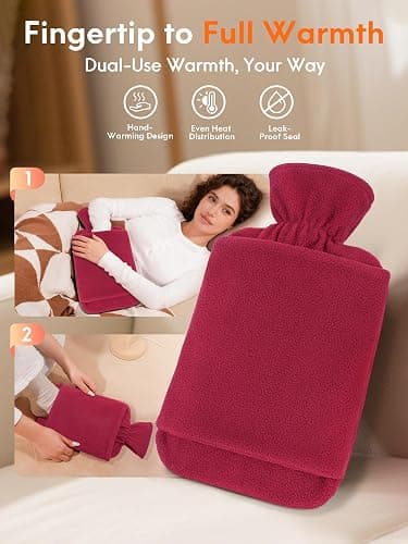 MUPAS Hot Water Bottle with Fleece Cover - 2L Large Leakproof Hot Water Bag - Soft Hot Water Bottle with Hand Pocket and Natural Rubber -for Hands, Feet, Shoulders, Neck, Abdomen, Legs (Red) thumbnail 5