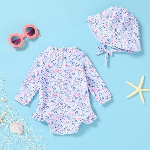 Infant Baby Girl Swimsuit One-Piece Long Sleeve Rash Guard with Hat Set Floral Zipper Bathing Suit Leopard Beach Wear thumbnail 3