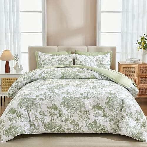 DJY Sage Green Comforter Set King, 7 Pieces Bed in a Bag King Size Botanical Comforters with Sheets Elegant Plants Print Soft Microfiber Reversible Complete Bedding Sets for All Season - Image 1