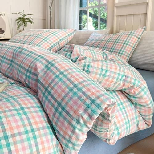 LifeTB Queen Comforter Set Multi-Colored Gingham Comforter Modern Style Checkered Pattern Comforter Set Colorful Grid Plaid Bedding Comforter Fluffy Soft Lightweight Grid Bedding Set Breathable - Image 1