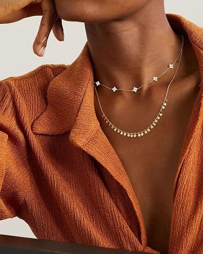 SOLEVAN Dainty Clover Birthstone Gold Necklaces for Women Trendy Non Tarnish Layered 14K Gold Plated Station Choker Necklace Cute Flower Friendship Necklace Stack for Wedding Prom Brides Jewelry Gifts thumbnail 9