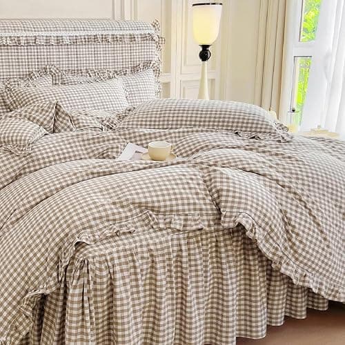 LifeTB Tan Gingham Comforter Set Full Vintage Ruffle Taupe Plaid Comforter Set 3 Pieces Soft Fluffy Grid Checkered Pattern Comforter with 2 Pillowcases Farmhouse Gingham Bedding Comforter Full thumbnail 7