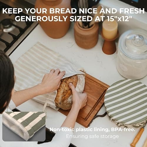 KIBAGA Beautiful Linen Bread Bag Set and Proofing Cover For Homemade Sourdough Bread - Keeps Your Loaf Fresh for Days - Reusable and Easy to Clean Storage Bag, The Perfect Baking Accessories thumbnail 4