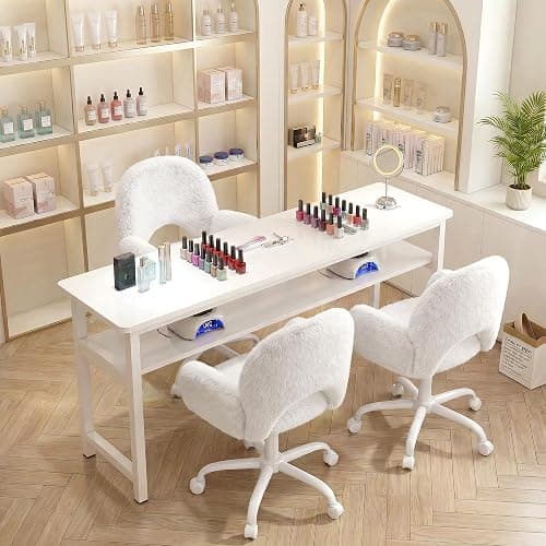 Homkdom Vanity Chair with Round Hollow Back & Arms,Height Adjustable | Faux Rabbit Fur, Swivel Cute Makeup Chair, Padded Seat, for Bedroom Dorm, Rolling Casters,White thumbnail 8