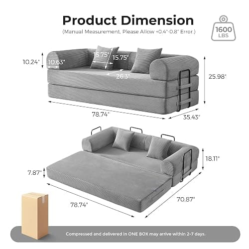Bsxupke 79" 5-in-1 Convertible Sofa Bed No Assembly, Boneless Couch Bed with High Density Foam, Foldable Sleeper Sofa, Corduroy Modular Couch for Apartment, Studio, Dorm Room, Small Space, Light Grey thumbnail 2