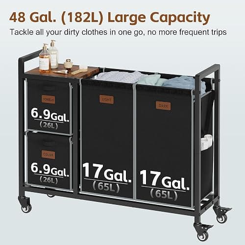 Hoctieon 4 Section Laundry Cart, 48 Gal. (182L) Laundry Hamper with Lid, Laundry Basket with Wheels, Rolling Laundry Sorter Organizer with Shelf, Clothes Separator with Removable Bags, Black thumbnail 8
