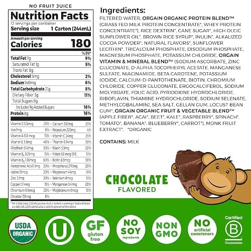 Orgain Organic Kids Nutritional Protein Shake, Chocolate, Healthy Kids Snacks, 8g Dairy Protein, 3g Fiber, 22 Vitamins & Minerals, No Soy Ingredients, Gluten Free, Non-GMO, 8.25 Fl Oz (Pack of 12) thumbnail 2