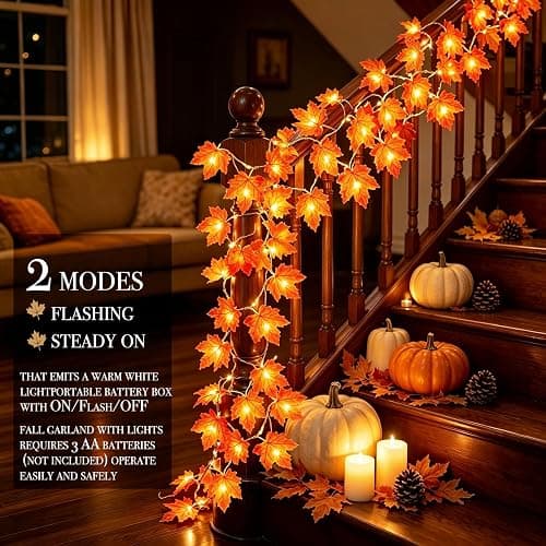 Fall Decor 2 Pack Fall Garland with Lights Enlarged Maple Leaves 20Ft 40LED | Halloween Fall Decorations for Home, Battery Operated Waterproof Autumn String Lights Indoor Outdoor Thanksgiving Decorations thumbnail 8