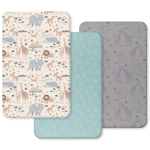 Unnivoll Next to Me Crib Sheets 51 x 85 cm Super Soft & Breathable Bedside Crib Fitted Sheets 3 Pack Apricot Green Gray Elephant - Image 1