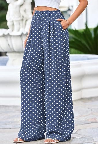 KIRUNDO Wide Leg Pants for Women 2026 Summer Flowy Polka Dot Trousers | Lightweight Dressy Palazzo Work Pant, Elastic High Waisted Pleated Slacks With Pockets, Business Casual Fall Vacation Outfits thumbnail 7