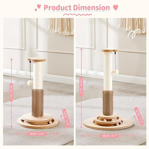 Made4Pets Cat Scratching Post, 23" Tall Sisal Cat Scratcher Post with Self Groomer, 4-in-1 Interactive Trackball Toys with Hair Brush, Vertical Cat Climbing Tree with Dangling Plush Balls thumbnail 3