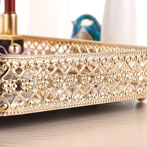 ELLDOO Perfume & Makeup Vanity Tray - Hollow-Carved Jewelry Storage, Glass & Metal Trinket Organizer for Dresser & Bathroom Countertop, Gold, Medium Size thumbnail 5