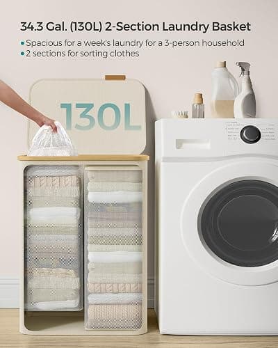 SONGMICS Laundry Hamper with Lid, 2-Section Large Laundry Basket, 34.3-gallon (130L), Removable Mesh Liner, Bamboo Handles, Collapsible, 20.5 x 15.2 x 27.8 Inches, Cream White ULCB513W01 thumbnail 4
