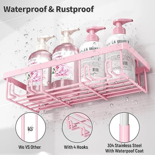 Liuoud 5 Pack Shower Caddy Organizer Rack Shelf for Inside Shower, Adhesive Bathroom Wall Storage Basket Rustproof Stainless Steel Shampoo Holder, Girly Bathroom Accessory Decor Set, Pink thumbnail 5