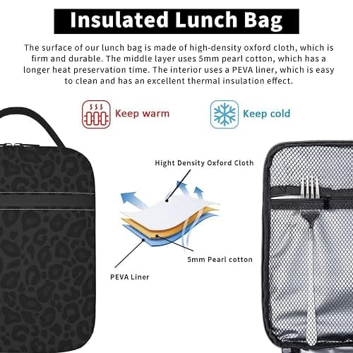 DORKEIXIA Black Leopard Cheetah Print Animal Skin Print Insulated Lunch Bag Portable Reusable Zipper Lunch Box For Men Women Work Picnic Travel Camping thumbnail 7