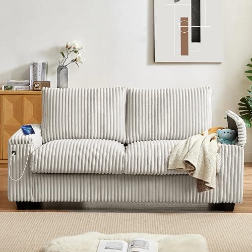 Sheng & Far 71" Loveseat Sofa with Storage Armrests & USB Charging Station | Storage Side Pockets, Sturdy Construction, Corduroy Fabric, White, for Living Room, Bedroom, Office, Apartment - Image 1