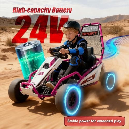 24V Electric Go Kart for Kids, Drift Kart w/Dual 200W Motors, 11 MPH, Front EVA Wheel & Metal Frame, Outdoor Ride on Toy w/Music & Lights, 2 Speed, 5 Point Harness, Crazy Cart for Ages 6-12, Pink thumbnail 3