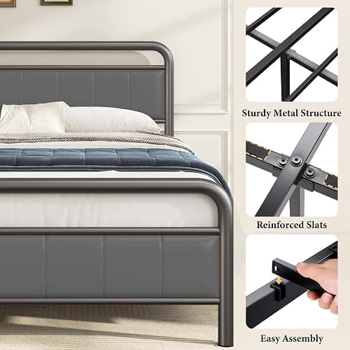 soges Twin Platform Bed with Upholstered Headboard and Footboard, Heavy Duty Metal Slats Support Bed Frame, No Box Spring Needed, Under-Bed Storage, Noise Free, Easy Assembly, Grey thumbnail 7