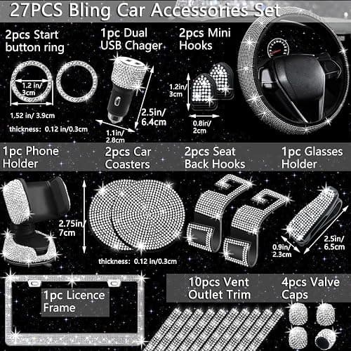 NBTEPEM 27 PCs Bling Car Accessories Set for Women, Steering Wheel Covers Universal Fit 15 Inch, Bling License Plate Frame, Bling Phone Holder, Bling Car Coasters (Silver Diamond) thumbnail 2