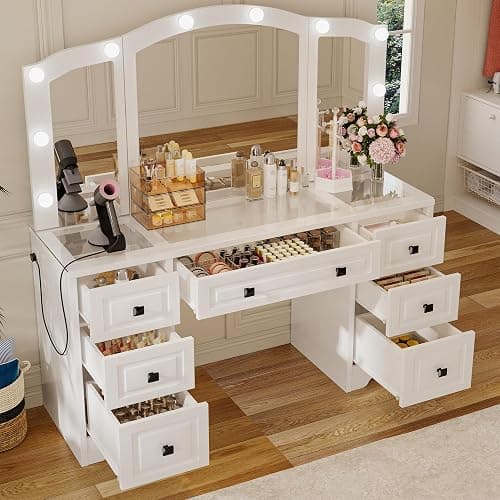 senlin Makeup Vanity with 3-Way Mirror, Retro Dressing Table with Lights, 7-Drawer Vanity Desk for Women & Girls, Vintage Vanity with Glass Top for Bedroom, Light White thumbnail 3