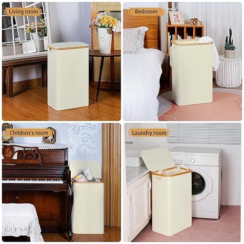 iEGrow Slim Laundry Hamper,75L Beige Narrow Laundry Basket with Lid,Foldable Clothes Hamper with Bamboo Handles,Hamper Basket with Removable Inner Bag for Laundry Room Bedroom College Dorm thumbnail 7