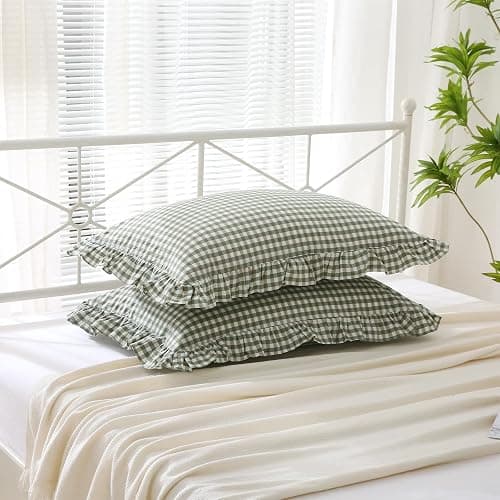 K MASANIJI 2 Pack Sage Green White Plaid Ruffle Pillow Shams Standard Size, 100% Washed Cotton Gingham Checkered Farmhouse Pillowcases for Bed/Sofa - 20"x26" thumbnail 3