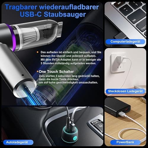 Handstaubsauger, 20000Pa Mini Akku Staubsauger Kabellos 4-In-1 Autostaubsauger 6000mAh 3-Gang Elektrische Staubgebläse für Auto, Küche, Büro, Haus, Camping, Tierhaare, Sofa, Tastaturen(Silber-Violett) - Silber-violett thumbnail 3
