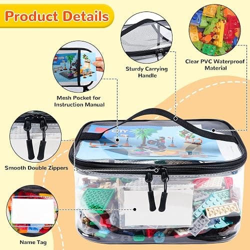Tesuko 6 Pack Clear Toy Storage Bag with Name Tag& Manual Pocket, Waterproof Transparent PVC Toy Organizer Case for Lego Bricks, Board Games, Building Blocks, Puzzles (Large Capacity, Black) thumbnail 5