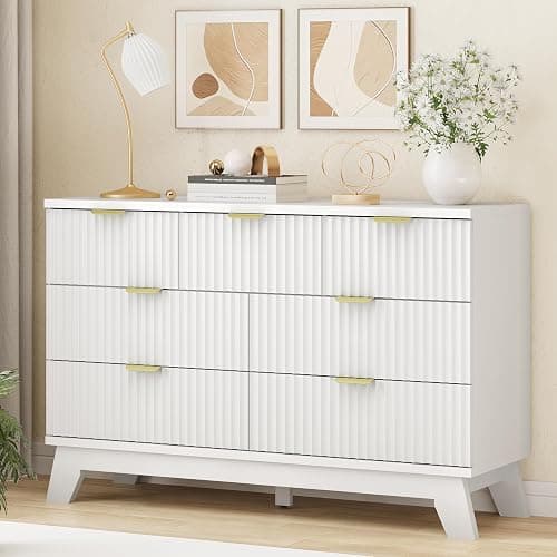 Xixini Fluted Dresser for Bedroom with 7 Drawers, 48" Wide Modern Chest of Drawers with Metal Handle, Wooden Dresser TV Stand, Wood Closet Clothes Storage Organizer for Living Room, Hallway, White - Image 1