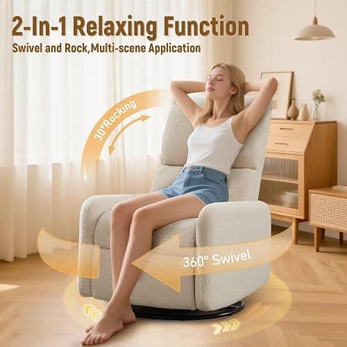 Korser 360° Swivel Glider Chair, Rocking Chair Nursery with Side Pockets, Deep Cushioned Seat, Nursery Chair with Steel Structure Base, Sherpa Swivel Chairs for Living Room, Bedroom, Khaki thumbnail 3