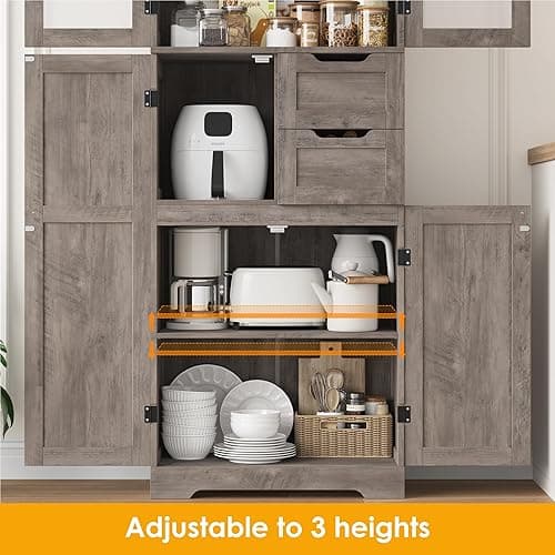 BOTLOG 67'' Tall Bathroom Storage Cabinet, Linen Cabinet with Glass Doors and Adjustable Shelves, Kitchen Pantry with 2 Drawers for Bathroom, Living Room, Dining Room, Rustic Grey thumbnail 8