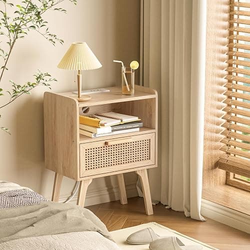 Lerliuo Rattan Nightstands Set of 2 with Charging Station, Boho Night Stand | Handmade Natural Rattan Drawer and Open Shelf, Side End Tables with Solid Wood Legs for Bedroom, Dorm, Small Spaces thumbnail 8