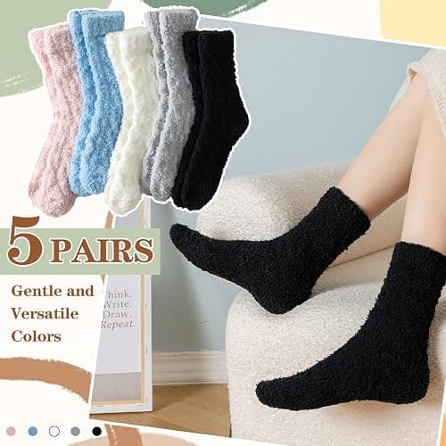 Premillow Fuzzy Socks for Women, Womens Winter Fluffy Socks 5 Pairs Ultra Soft Warm Fabric Sleeping Slipper Sock for Women thumbnail 6
