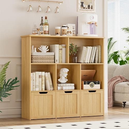 FOTOSOK Toy Storage Organizer with 3 Movable Drawers, Floor Storage Cabinet Toy Chest with Hidden Wheels and 5 Storage Cubbies, Multifunctional Storage Chest for Playroom, Natural thumbnail 3