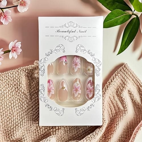 3D Flower Summer Press on Nails Medium Almond French Tip Fake Nails 3D Flower Hibiscus with Gold Beads Design Glue on Nails Full Cover Artificial Acrylic Nails Stick on Nails for Women Manicure Decor thumbnail 6