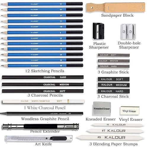 KALOUR 33 Pro Drawing Kit Sketching Pencils Set,Portable Zippered Travel Case-Charcoal Pencils, Sketch Pencils, Charcoal Stick,Sharpener,Eraser.Art Supplies for Artists Beginner Adults Teens thumbnail 4