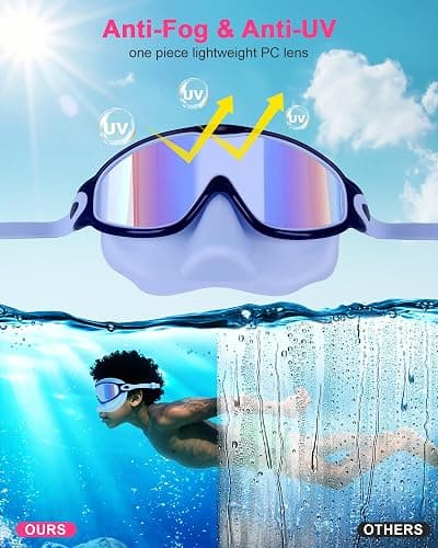 Keary 2 Pack Kids Swim Goggles with Nose Cover for 3-12 Anti-UV Anti-Fog Pool Water Swimming Goggles Boys Girls Youth Toddler - Pink & Bule thumbnail 3