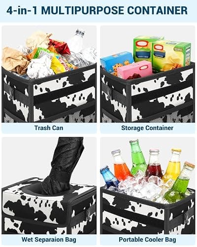 Capolo Car Trash Can with Lid, Leakproof Car Trash Bag Hanging Waterproof Automotive Garbage Can with Storage Pockets Mini Vehicle Trash Bin for Back/Front Seat(Cow Print,2.5 Gallon) thumbnail 5