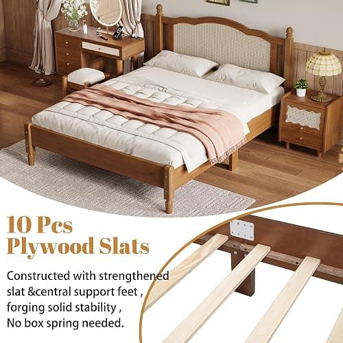 KT Rolster Full Size Wood Bed Frame with Rattan Headboard, Solid Wood Platform Bed Frame with 10 Slats, Modern Minimalist Arc Design for Bedroom Guest Room, Easy Assembly, Walnut thumbnail 4